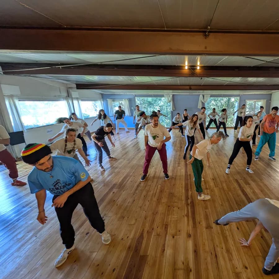 Una classe nombrosa fent la ginga en una sala de parquet.